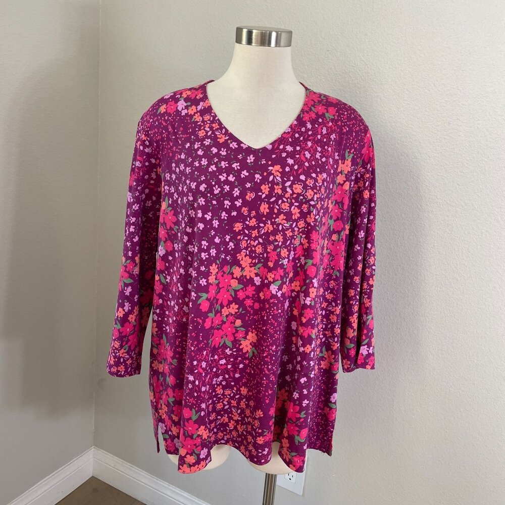 Isaac Mizrahi Live Womens Plus 3X Purple Floral V Neck Tunic‎ Top 3/4 Sleeve